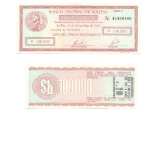 BOLIVIA 10 CENTAVOS DE BOLIVIANO RESELLADO SOBRE 100.000 PESOS BOLIVIANOS #197 SC ND (1987)